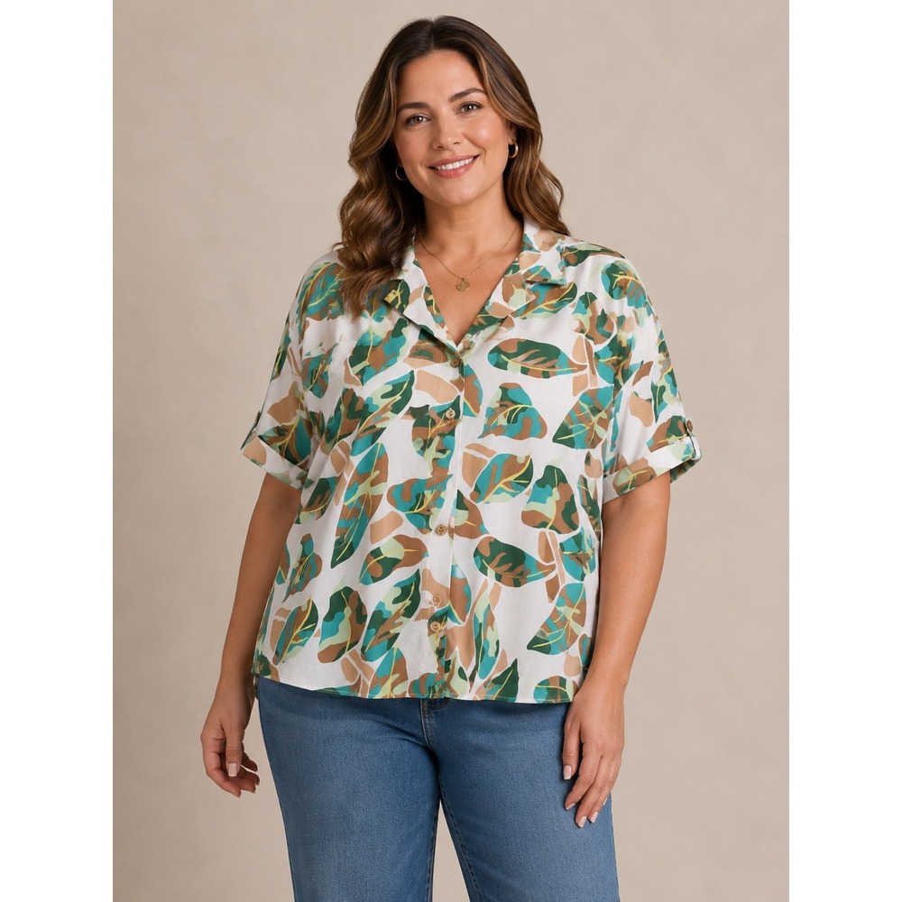Jane + Delancey Boxy Button Shirt Womens‎ XL White Tropical Leaf Roll Tab Sleeve